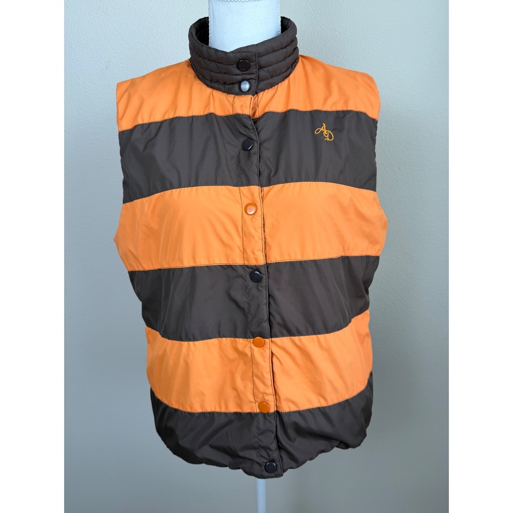 Adik+D Nylon Puffer Vest L Brown Orange Striped Reversible Quilted Y2K Logo